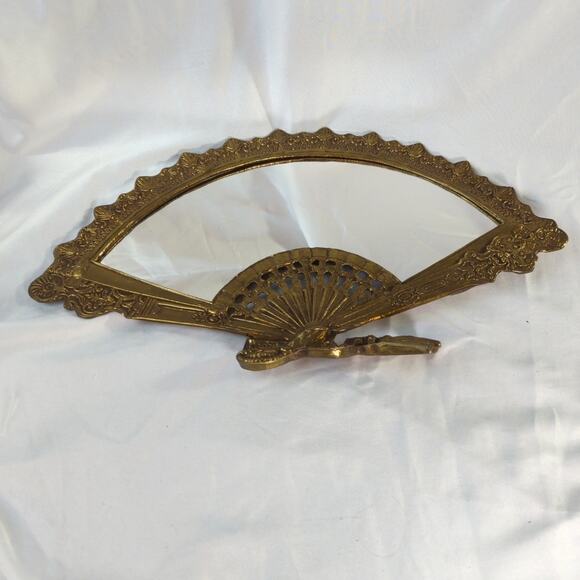 Vintage Brass Fan Shaped Vanity Mirror Missing Stand Victorian Art Nouveau - Picture 2 of 15